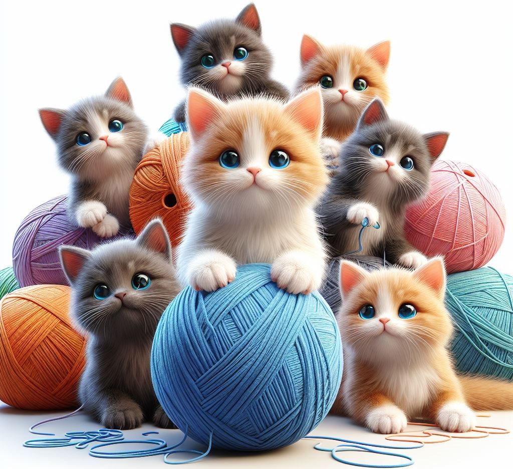 Funny kittens with balls of thread